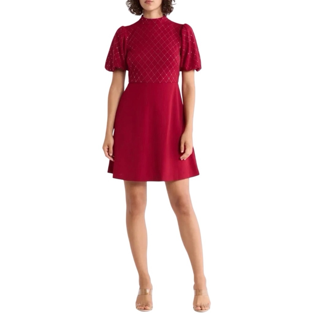 Eliza J Embellished Short Puff Sleeve Dress Mock Neck Red Size 10